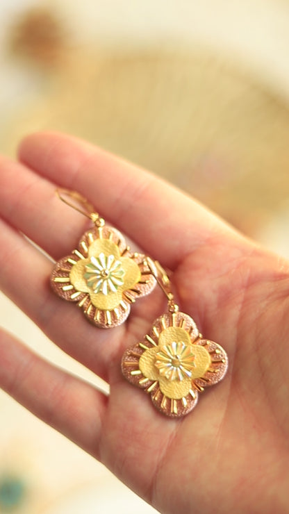 Boucles d'oreilles Aurore - Cuir recyclé or rose et jaune - Bijou baroque fait main