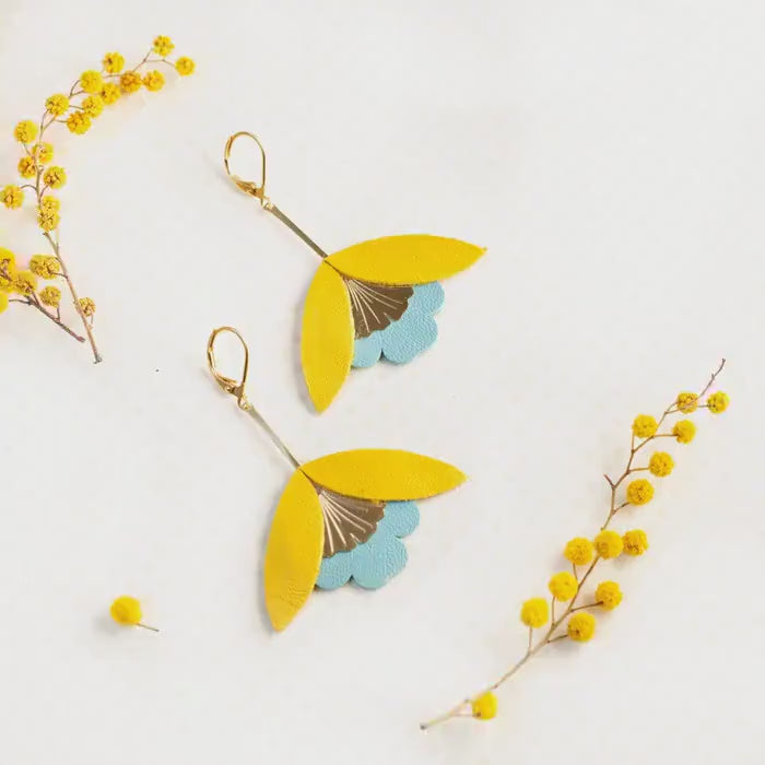 Earrings. Yellow and Blue Leather Petal Earrings, Bridesmaid's Gift Made in France