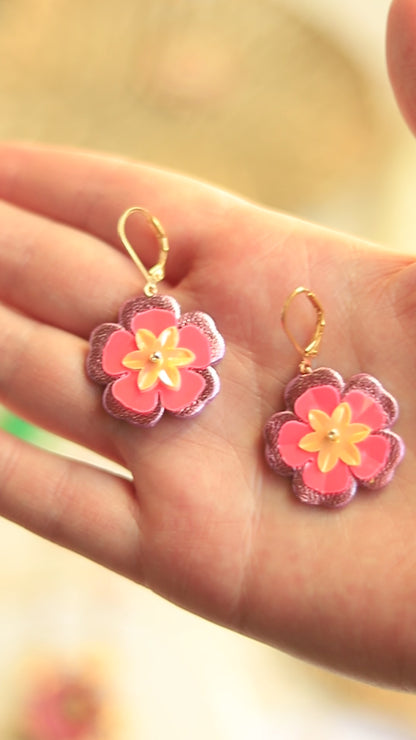 Boucles d'oreilles Margot - cuir recyclé rose métallisé - bijou baroque