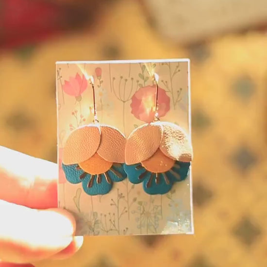 Earrings. Gold Brown Blue Leather Petal Earrings, Bridesmaid's Gift Made in France
