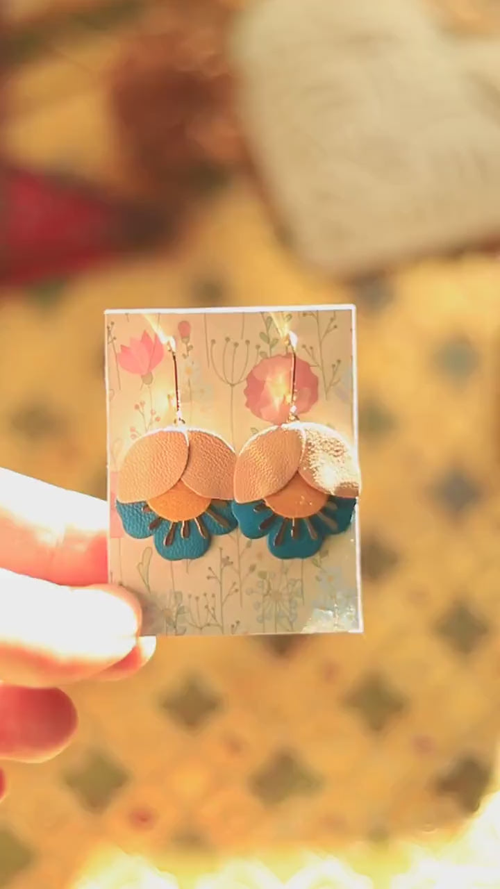 Earrings. Gold Brown Blue Leather Petal Earrings, Bridesmaid's Gift Made in France