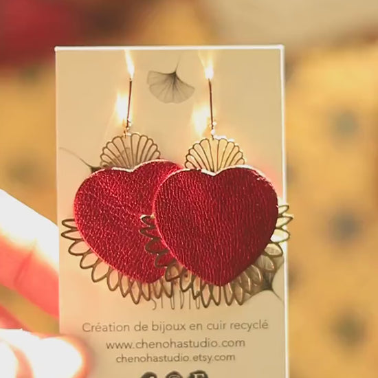 Sacred Heart Ex-Voto Earrings with Red Metallic Leather & Gold Plated Dangles