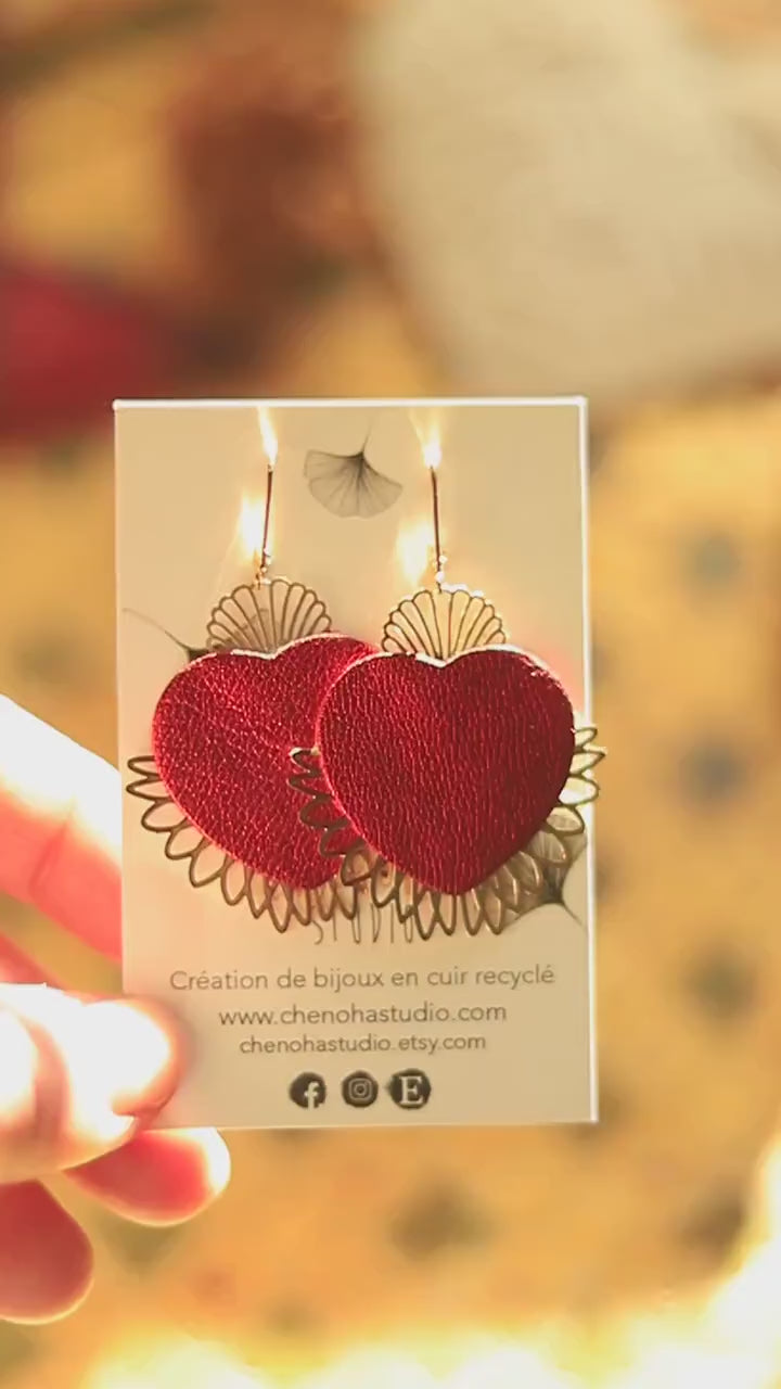 Sacred Heart Ex-Voto Earrings with Red Metallic Leather & Gold Plated Dangles