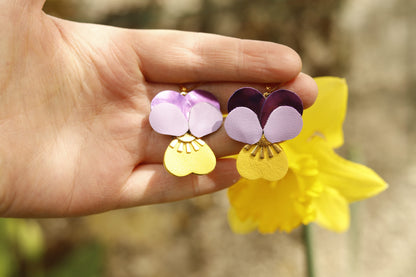 Boucles d’oreilles Pensées - violet mauve et jaune