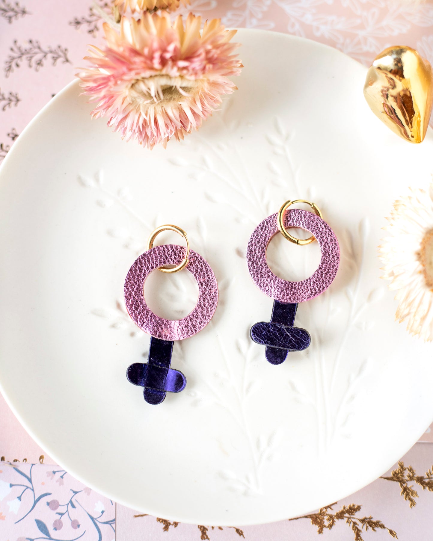 Pink and purple feminine symbol earrings