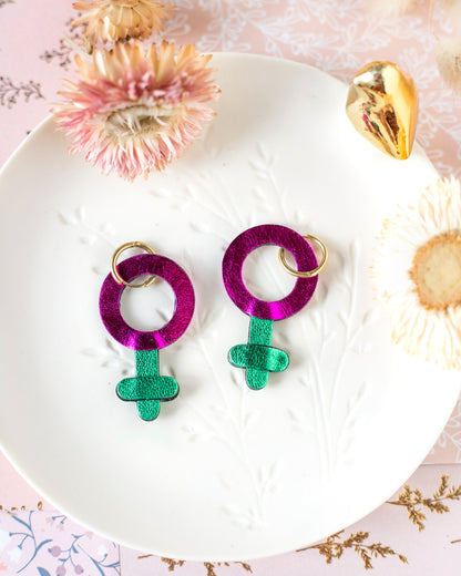 Boucles d'oreilles Symbole féminin fuchsia et vert