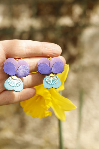 Boucles d’oreilles Pensées - bleu, mauve et violet métallisé