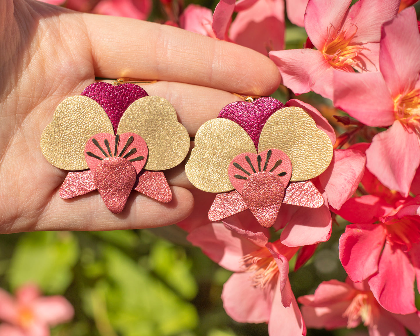 Orchid earrings - copper, pink, matte gold, raspberry