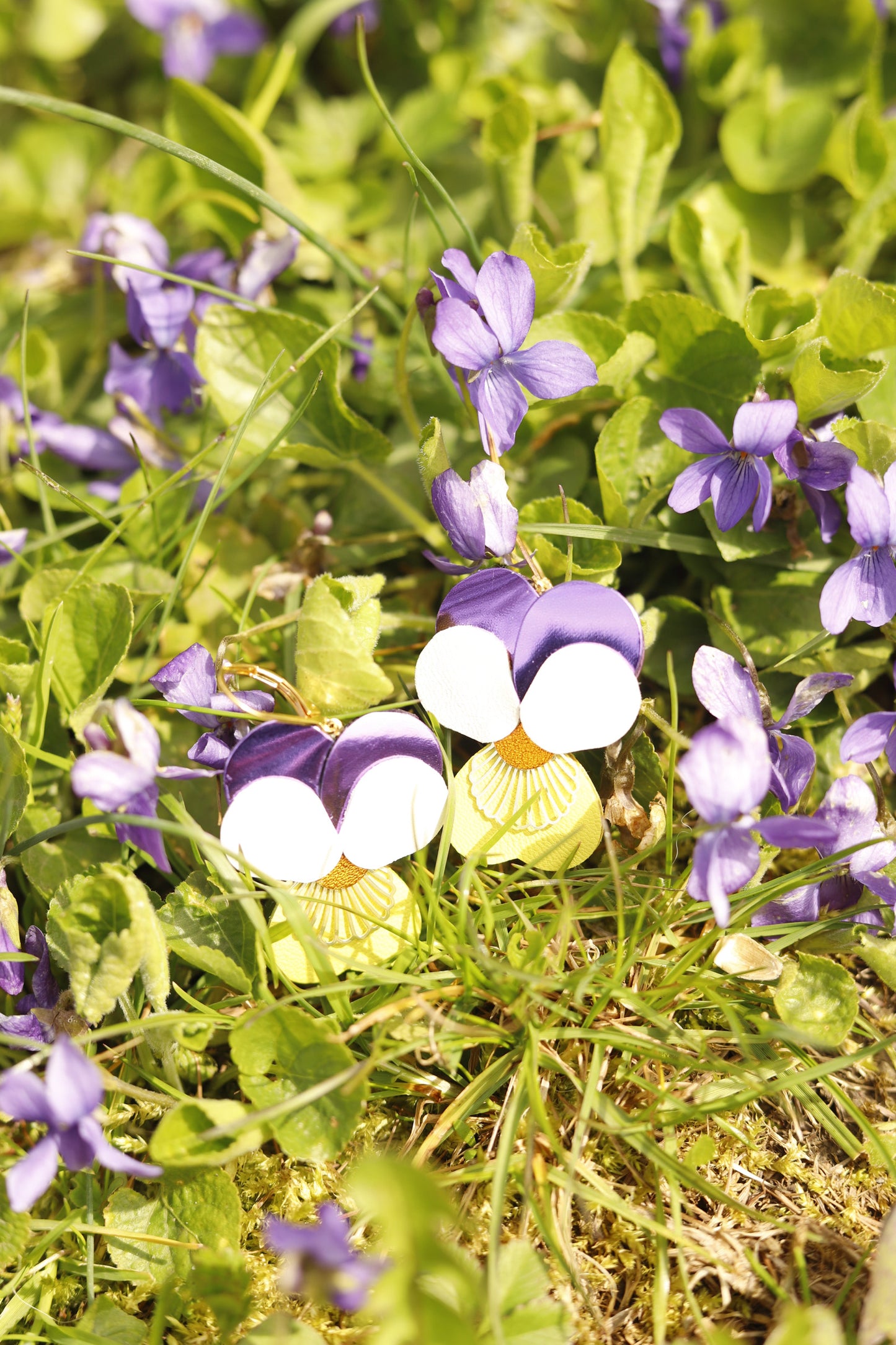 Pansies earrings - purple white and yellow