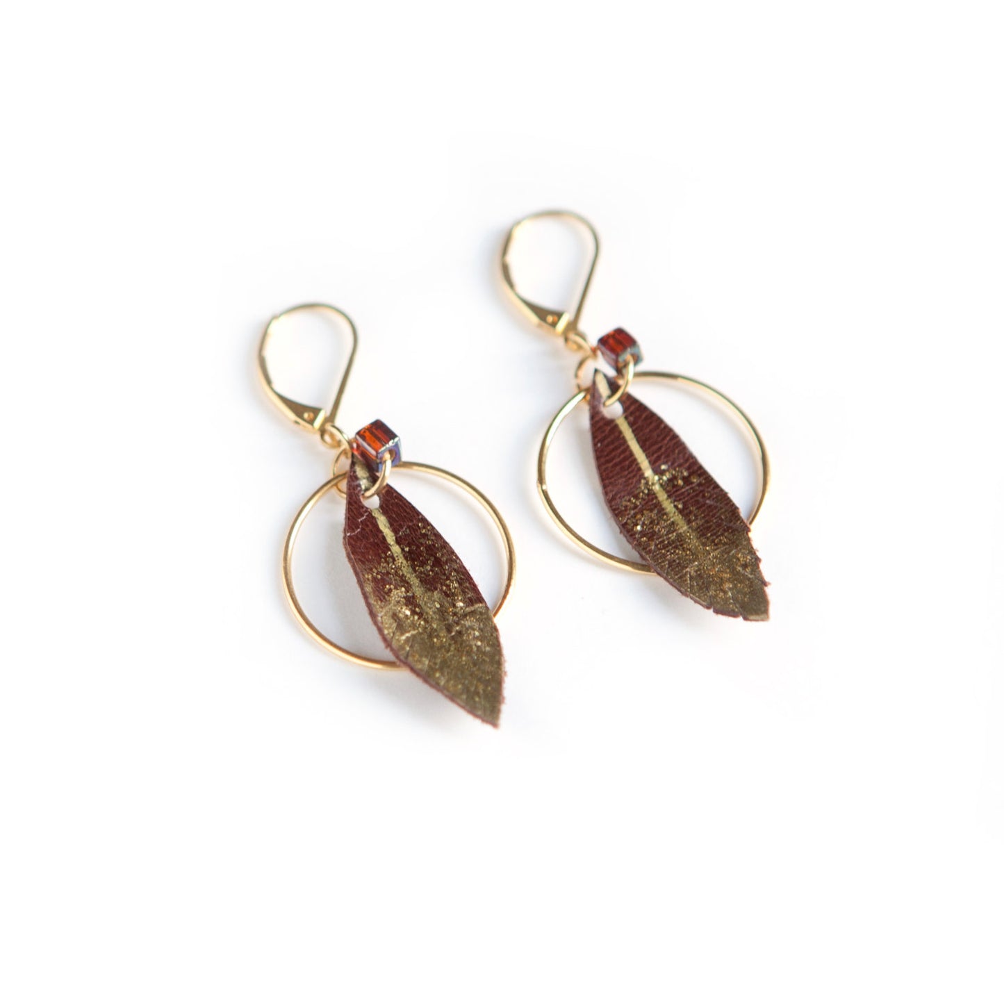 Brown leather feather hoop earrings