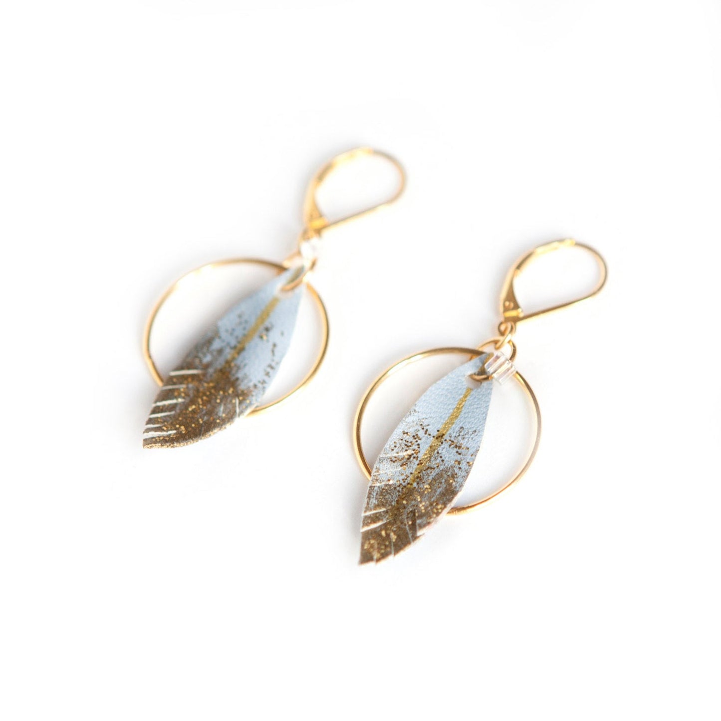 Pale blue leather feather hoop earrings