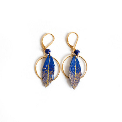 Boucles d'oreilles créoles plumes cuir bleu électrique