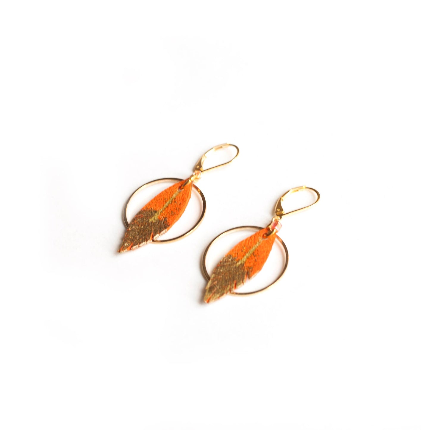 Orange leather feather hoop earrings