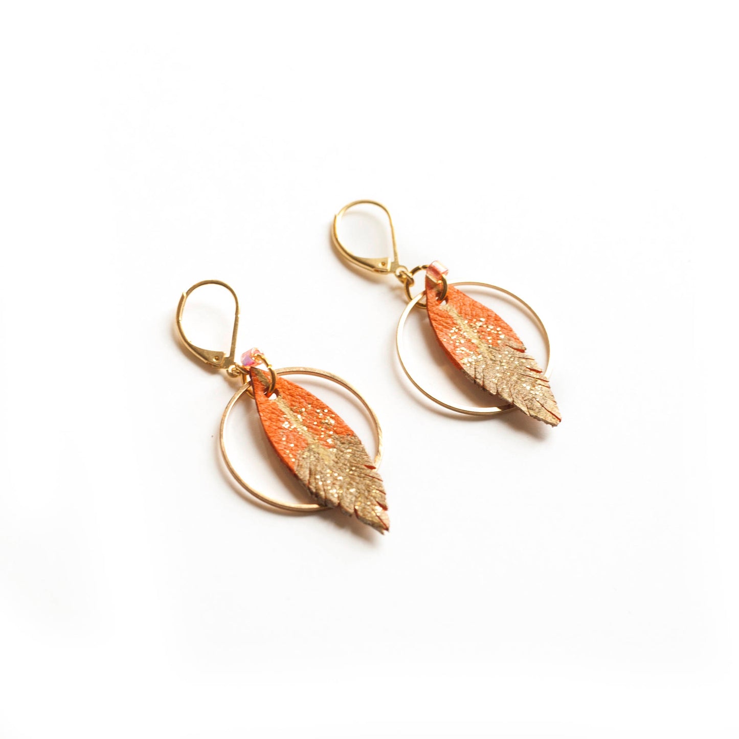 Orange leather feather hoop earrings