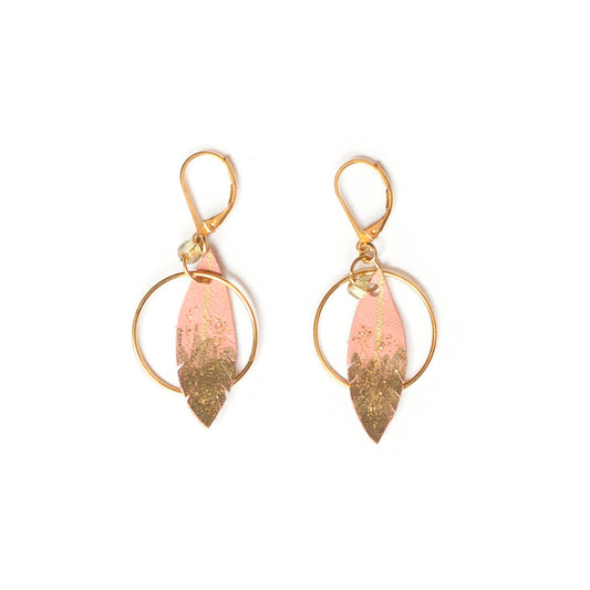 Feather hoop earrings in coral pink