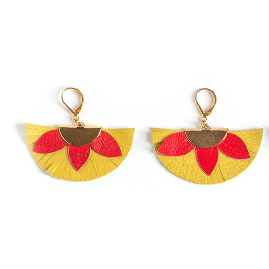 Yellow and red half-circle leather earrings