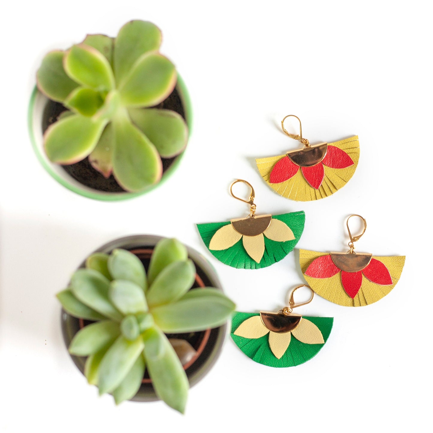 Yellow and red half-circle leather earrings