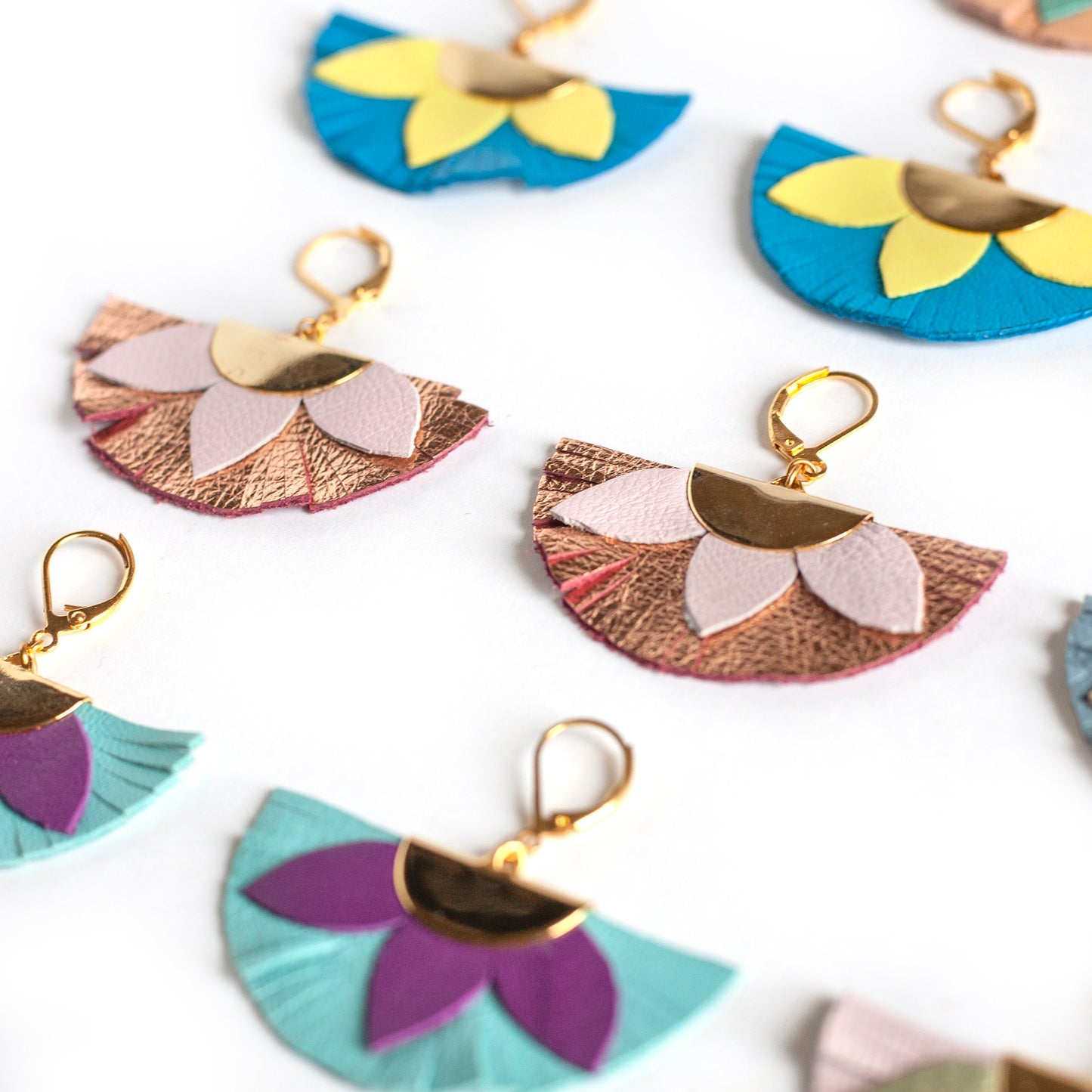Gold and purple leather half-circle earrings