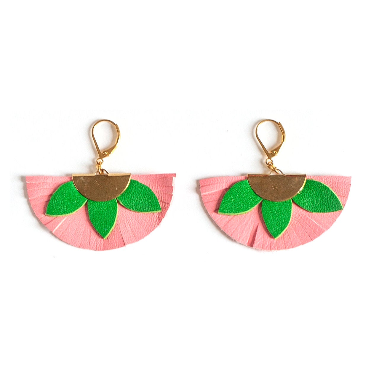 Pink and green leather half-circle earrings