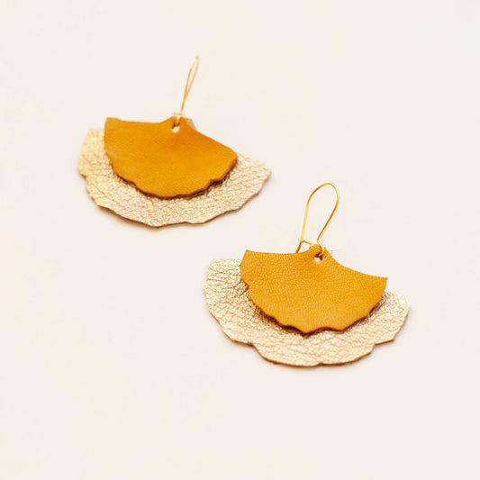 Ginkgo leaf earrings in gold and mustard yellow leather