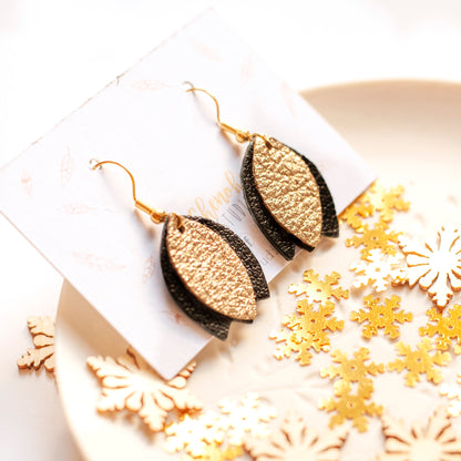 Boucles d'oreilles Tulipe en cuir noir et doré