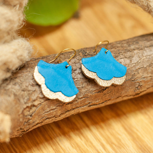 Blue and gold Ginkgo Biloba earrings in recycled leather