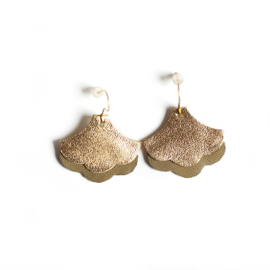 Boucles d'oreilles Ginkgo Biloba cuir vert kaki et doré