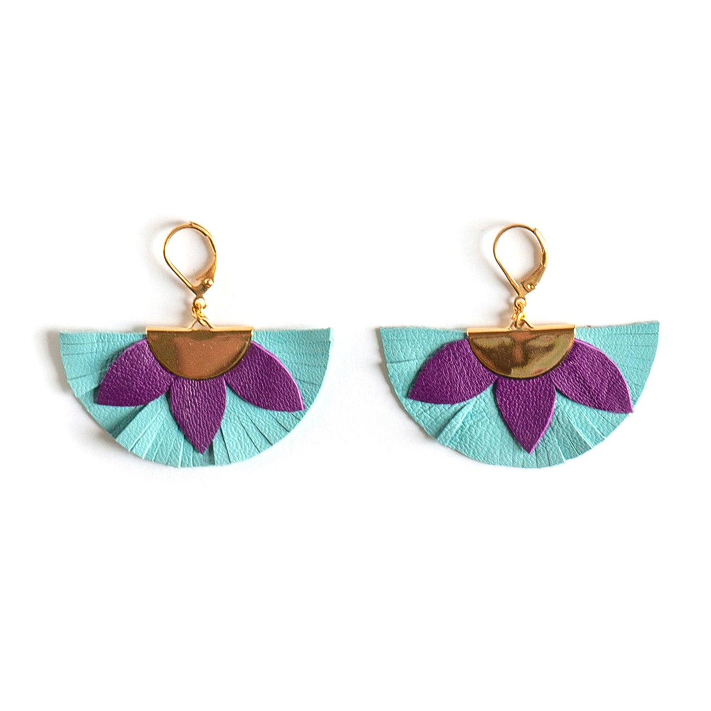 Purple and light blue half-circle leather earrings