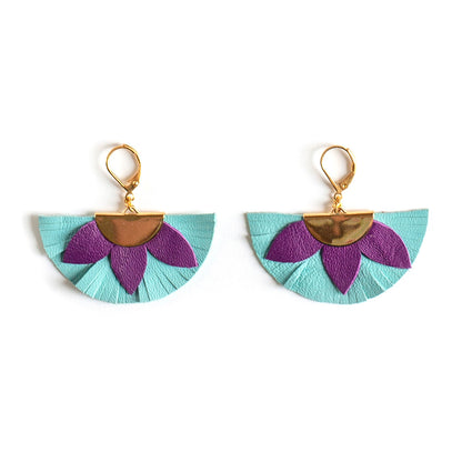 Boucles d'oreilles demi-cercle violet et bleu clair en cuir