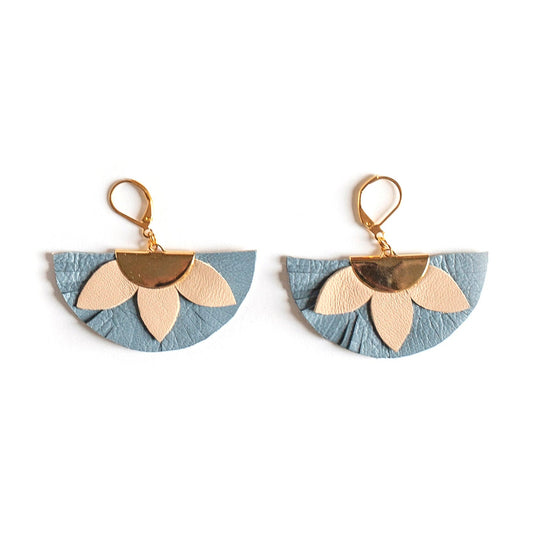 Blue-gray and pink semi-circle leather earrings