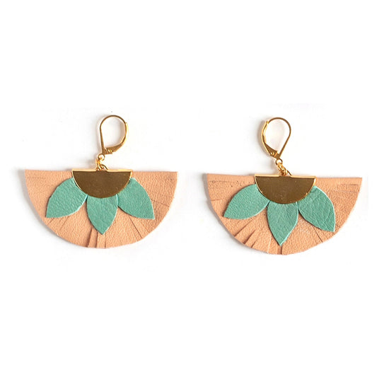 Almond green and pink beige leather earrings
