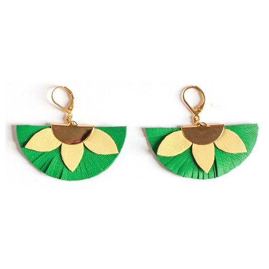 Semicircle earrings in yellow and green leather