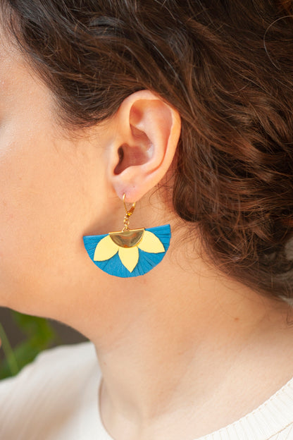 Boucles d'oreilles éventail bleu et jaune