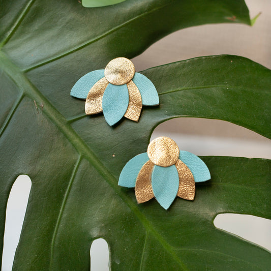 Blue and gold leather fan flower earrings