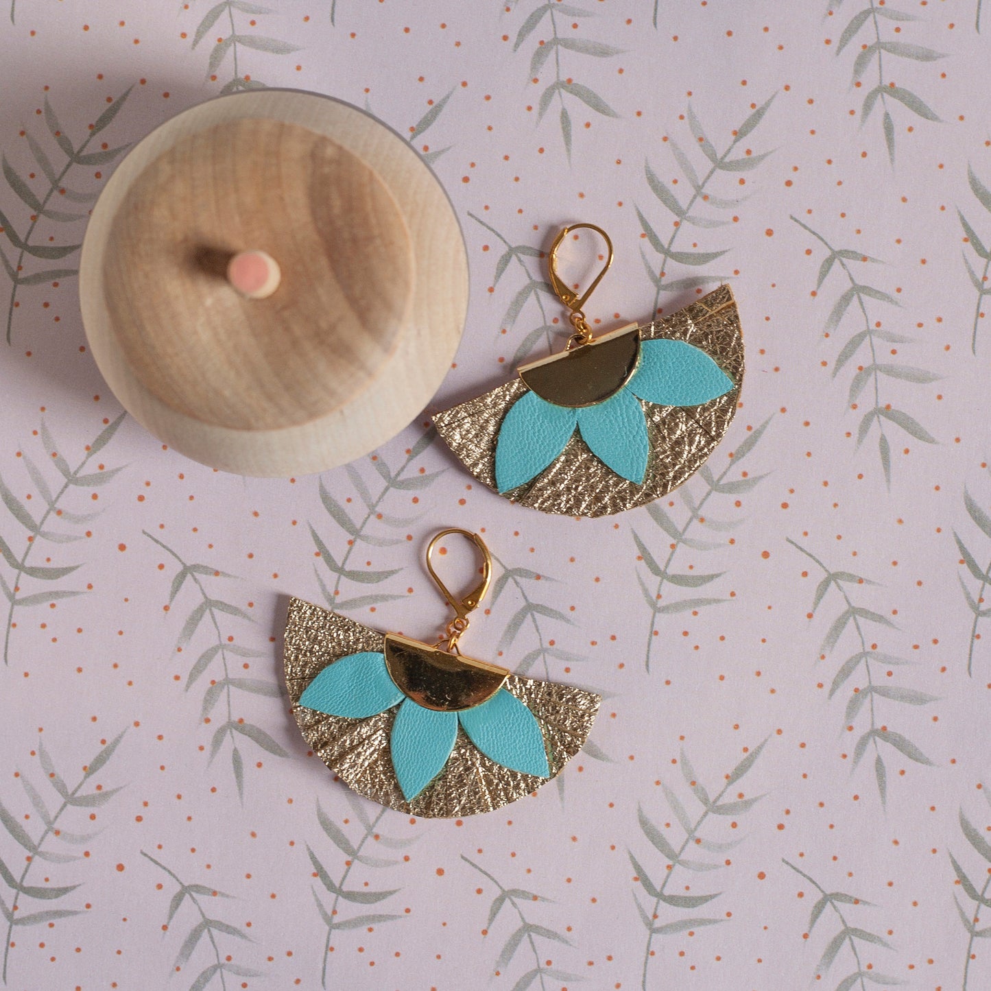 Blue and gold leather fan earrings