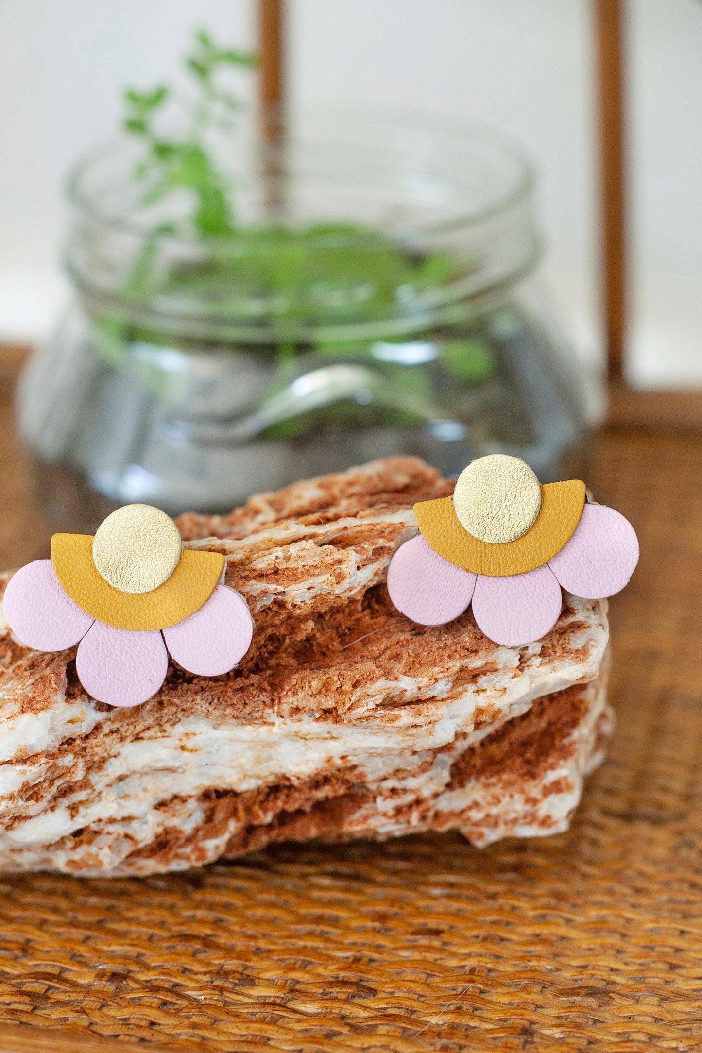 Semi-circle flower earrings in pink and mustard yellow leather