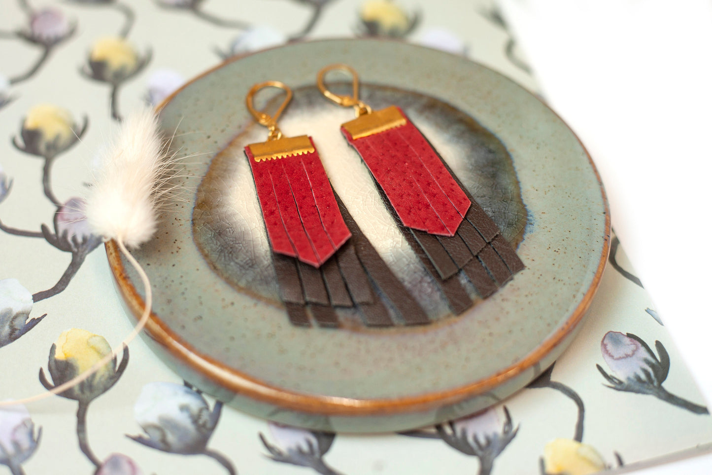 Red and dark brown leather fringe earrings