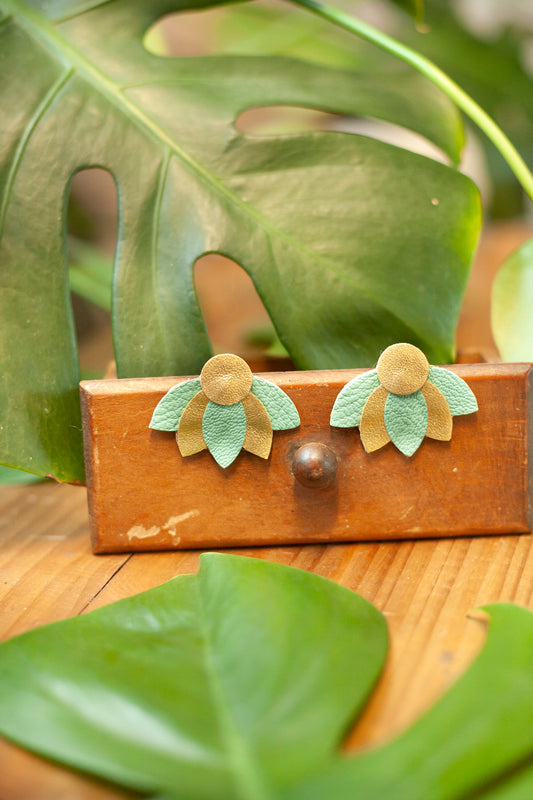 Flower earrings in almond green and gold leather
