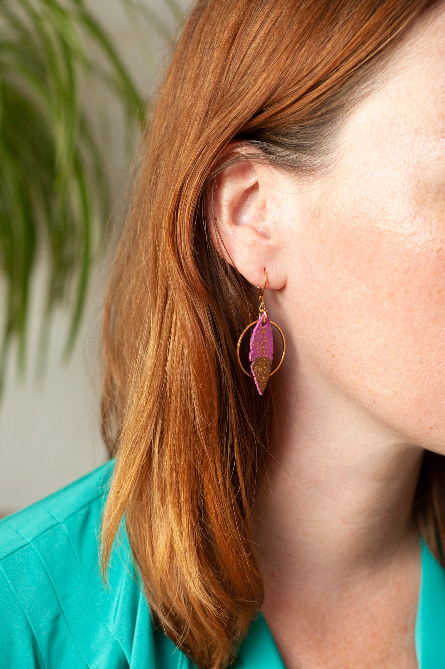 Fuchsia pink and gold leather feather hoop earrings