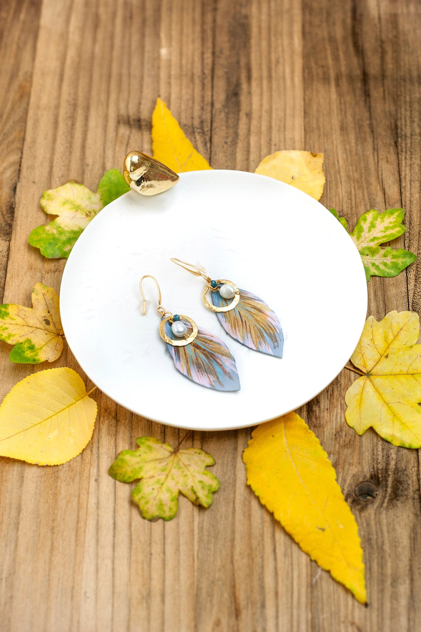 Hand-painted blue pink copper gold leather feather hoop earrings