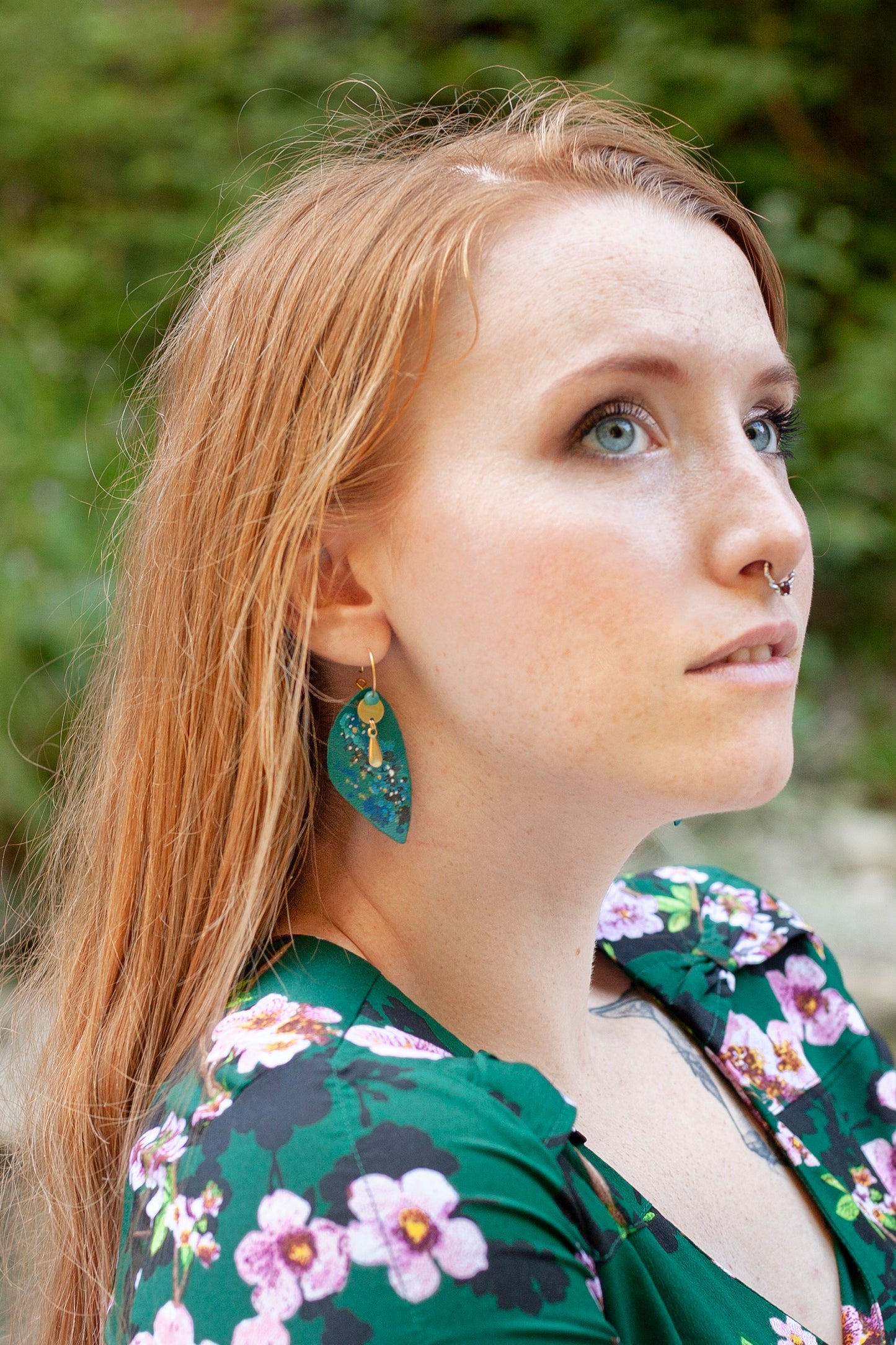 Hand painted green leather flower earrings