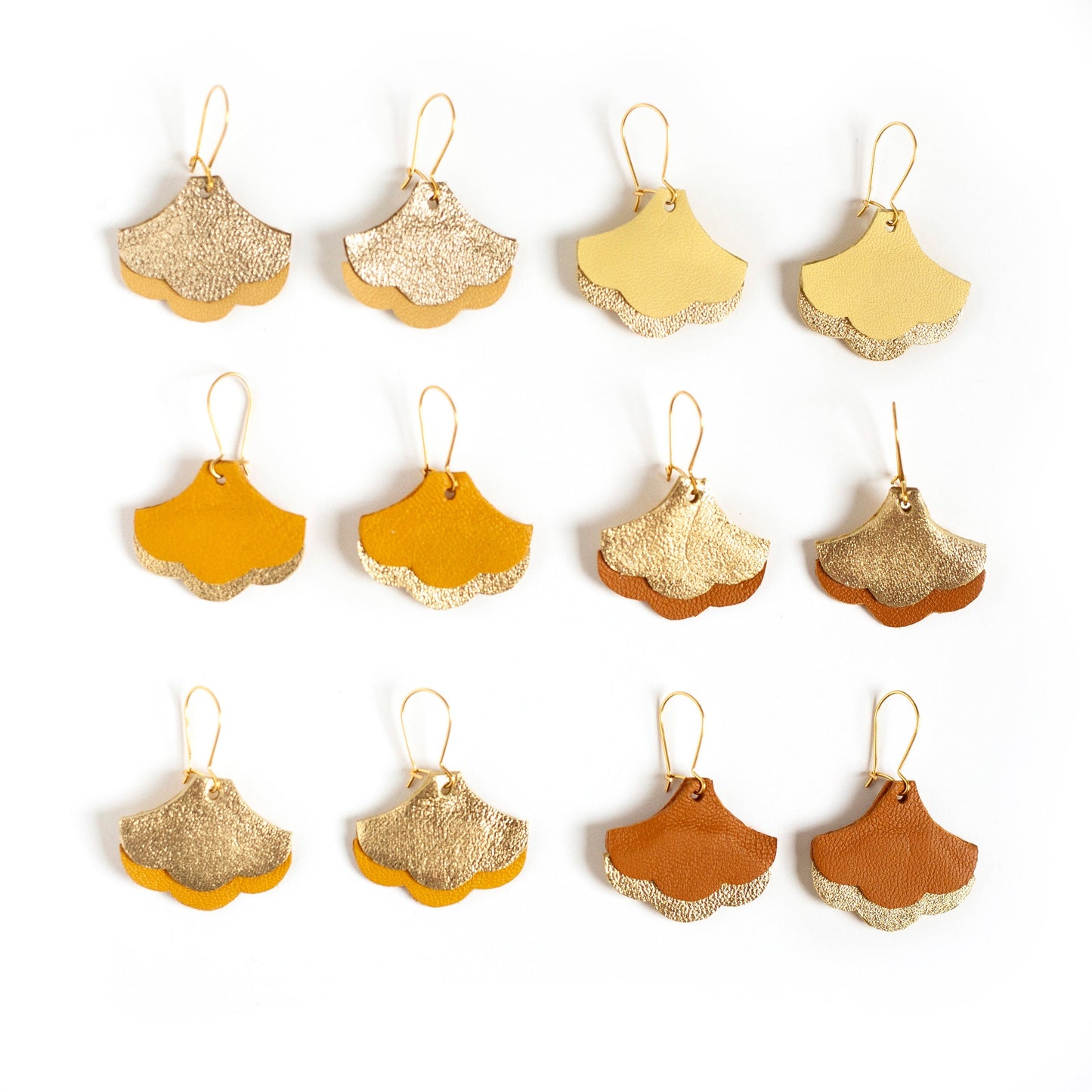 Ginkgo Biloba earrings in caramel brown and gold leather