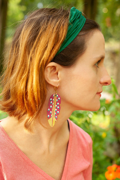 Boucles d'oreilles Danaé plumes en cuir violet peintes à la main