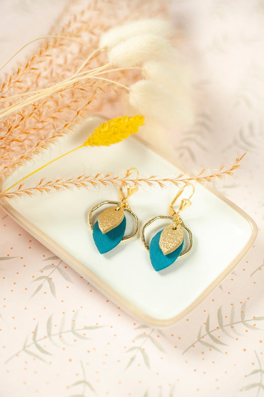 Boucles d'oreilles cuir bleu canard et doré