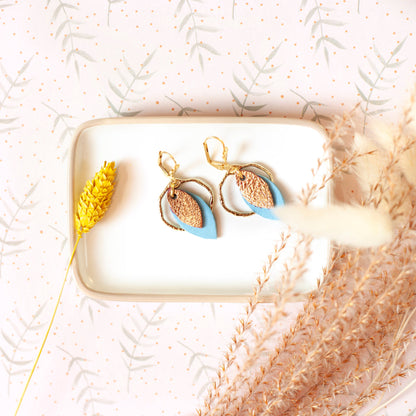 Boucles d'oreilles créoles cuir or rose et bleu cyan