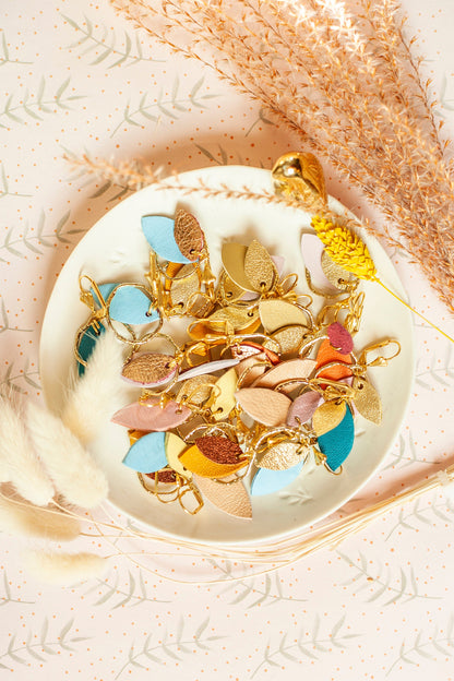 Boucles d'oreilles cuir bleu canard et doré