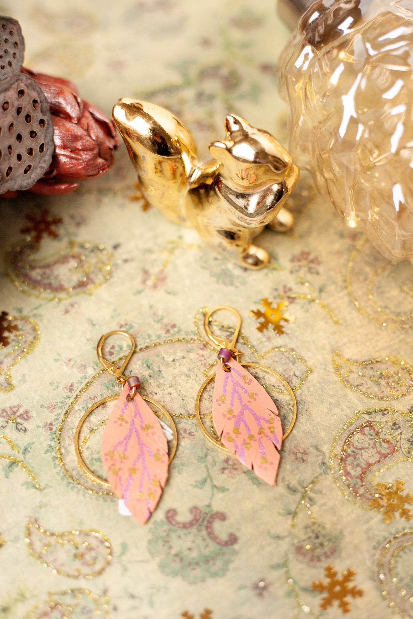 Hand painted pink leather feather earrings