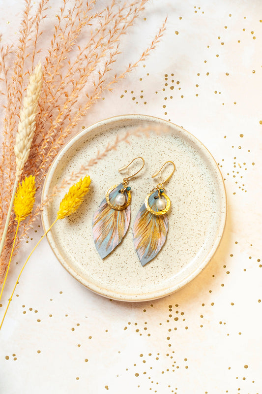Hand-painted blue pink copper gold leather feather hoop earrings
