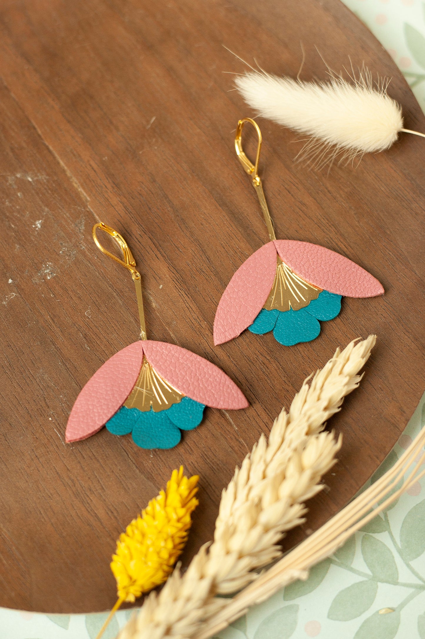Boucles d'oreilles Fleur de Ginkgo rose et bleu canard
