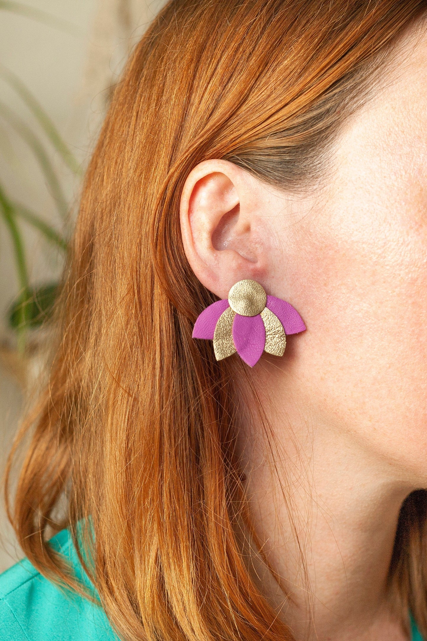Flower earrings with gold and purple leather petals